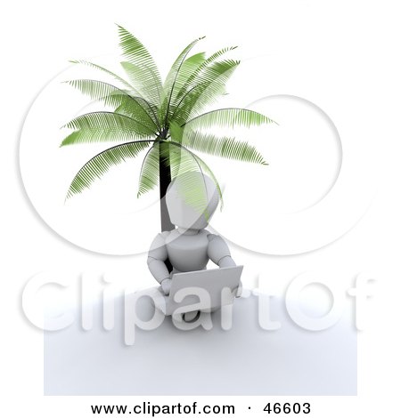 Royalty-Free (RF) Clipart Illustration of a 3d White Character Using A Laptop While Sitting Under A Palm Tree by KJ Pargeter