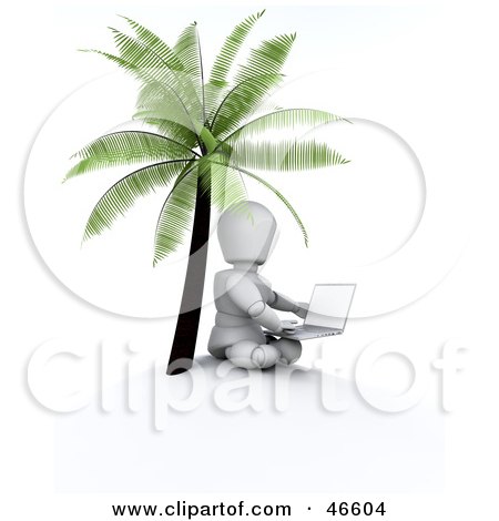 Royalty-Free (RF) Clipart Illustration of a 3d White Character Seated With A Laptop Under A Palm Tree by KJ Pargeter