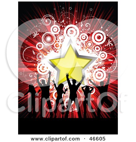 Royalty-Free (RF) Clipart Illustration of Silhouetted Party Dancers On A Bursting Red Star And Circle Background by KJ Pargeter