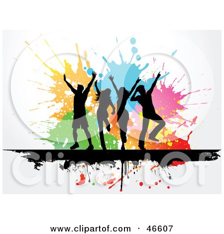 Royalty-Free (RF) Clipart Illustration of Silhouetted Party Dancers On A Colorful Splatter Background by KJ Pargeter