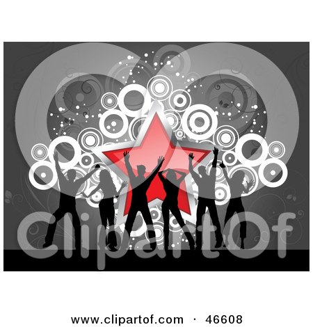 Royalty-Free (RF) Clipart Illustration of a Group Of Young Adults Dancing At A Party, On A Star And Circle Background by KJ Pargeter
