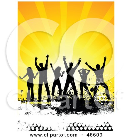 Royalty-Free (RF) Clipart Illustration of a Group Of Silhouetted People Dancing At A Summer Party, On A Grunge Floor by KJ Pargeter