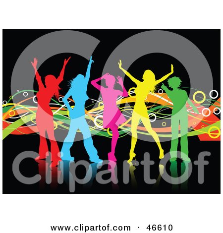Royalty-Free (RF) Clipart Illustration of a Group Of Colorful Girl Silhouettes Dancing On Black by KJ Pargeter