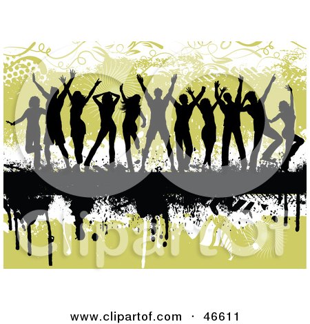 Royalty-Free (RF) Clipart Illustration of a Silhouetted Group Of Dancing Young Adults On A Green Grunge Background by KJ Pargeter