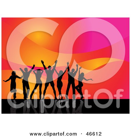 Royalty-Free (RF) Clipart Illustration of a Group Of Young Adults Dancing At A Party, On A Colorful Wave Background by KJ Pargeter