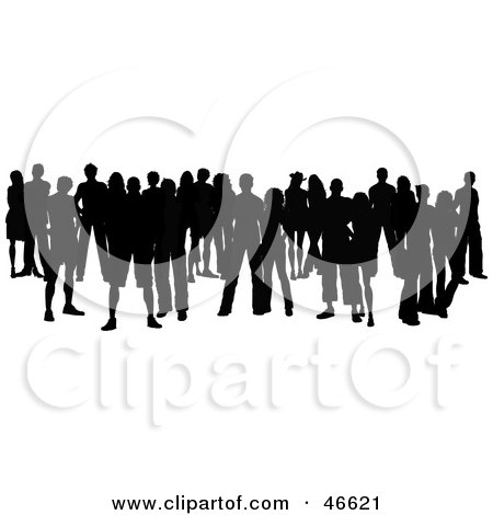 Royalty-Free (RF) Clipart Illustration of a Silhouetted Crowd Of Standing Young Adults by KJ Pargeter