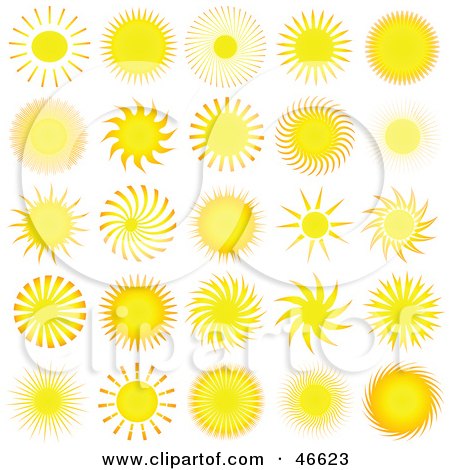 Royalty-Free (RF) Clipart Illustration of a Digital Collage Of Bright Yellow Summer Suns On White by KJ Pargeter