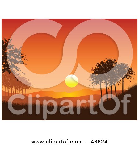 Royalty-Free (RF) Clipart Illustration of a Beautiful Orange Sunset Over Mountains And Trees In A Park by KJ Pargeter