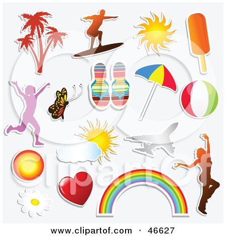 Royalty-Free (RF) Clipart Illustration of a Digital Collage Of Sticker Styled Summer Icons by KJ Pargeter
