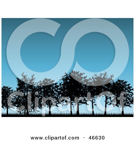 Royalty-Free (RF) Clipart Illustration of a Group Of Silhouetted Park Trees Against A Blue Evening Sky by KJ Pargeter