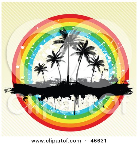 Royalty-Free (RF) Clipart Illustration of a Grunge Textured Background With Silhouetted Palm Trees In A Rainbow Circle by KJ Pargeter