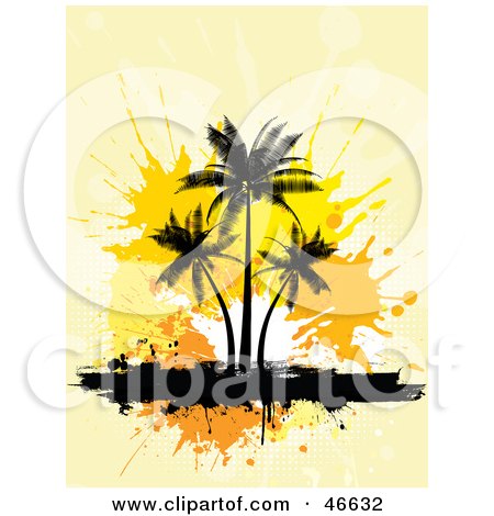 Royalty-Free (RF) Clipart Illustration of Black Silhouetted Palm Trees On A Splattered Orange Grunge Background by KJ Pargeter