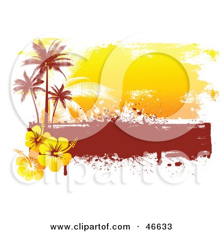 Royalty-Free (RF) Clipart Illustration of a Grungy Orange And Red Palm Tree And Hibiscus Background On White by KJ Pargeter