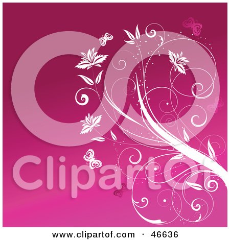 Royalty-Free (RF) Clipart Illustration of a Pink Background With White Butterflies And A Flowering Plant by KJ Pargeter