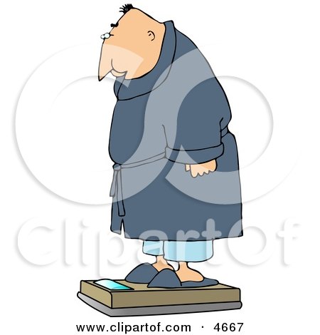 Overweight Man Measuring His Weight On a Standard Bathroom Scale Clipart by djart