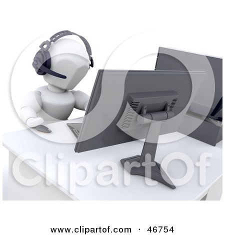 Royalty-Free (RF) Clipart Illustration of a 3d White Character Taking Phone Calls On A Headset At A Work Station by KJ Pargeter