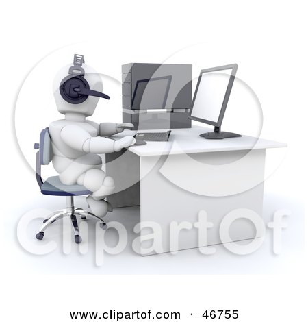 Royalty-Free (RF) Clipart Illustration of a 3d White Character Gaming And Wearing A Headset At A Computer by KJ Pargeter