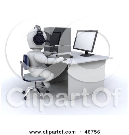 Royalty-Free (RF) Clipart Illustration of a 3d White Character Using A Computer And Headset In A Call Center by KJ Pargeter