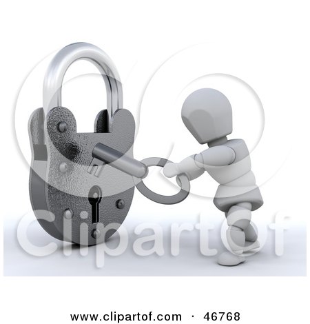 Royalty-Free (RF) Clipart Illustration of a 3d White Character Unlocking A Padlock With A Key by KJ Pargeter