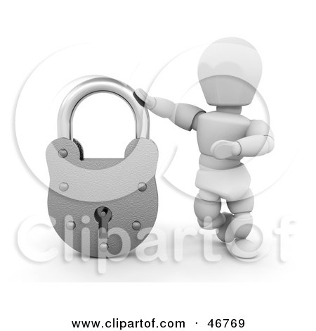 Royalty-Free (RF) Clipart Illustration of a 3d White Character Resting His Arm Against A Secured Padlock by KJ Pargeter