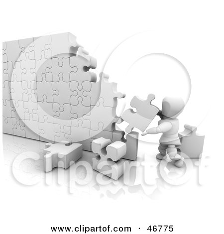 Royalty-Free (RF) Clipart Illustration of a 3d White Character Assembling A Puzzle Wall by KJ Pargeter