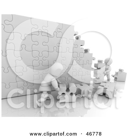 Royalty-Free (RF) Clipart Illustration of 3d White Characters Assembling A Puzzle Wall by KJ Pargeter