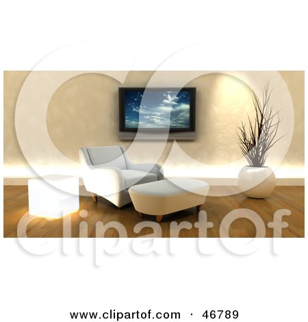 Royalty-Free (RF) Clipart Illustration of a Wall Mounted Plasma Tv Over A 3d Chair And Ottoman by KJ Pargeter