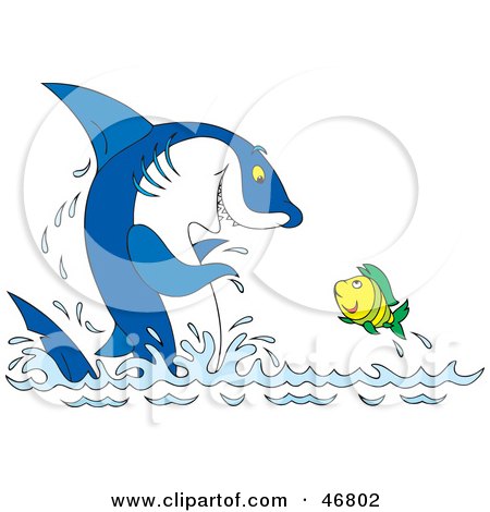 Royalty-Free (RF) Clipart Illustration of a Blue Shark Clapping At A Fish That Is Leaping Out Of Water by Alex Bannykh