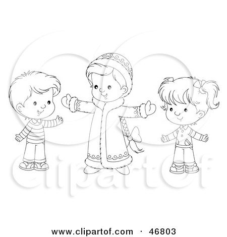 Royalty-Free (RF) Clipart Illustration of a Black And White Outline Of Siblings Holding Their Arms Open by Alex Bannykh