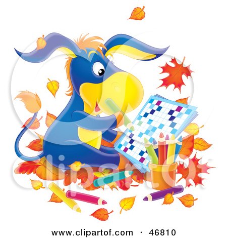 Royalty-Free (RF) Clipart Illustration of a Blue Donkey Sitting In Autumn Leaves And Doing A Word Puzzle by Alex Bannykh