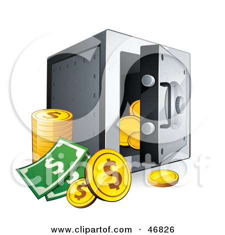 Royalty-Free (RF) Clipart Illustration of Dollar Coins And Cash By An Open Safe by beboy