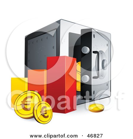 Royalty-Free (RF) Clipart Illustration of a Bar Graph With Euro Coins Beside A Safe by beboy