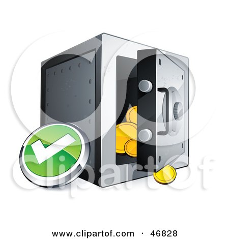 Royalty-Free (RF) Clipart Illustration of a Green Check Mark Button Beside An Open Safe by beboy