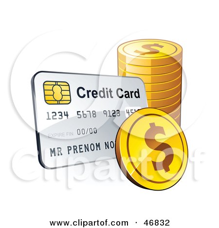 Royalty-Free (RF) Clipart Illustration of a Credit Card With A Stack Of Dollar Coins by beboy