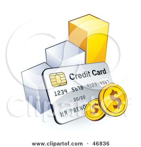 Royalty-Free (RF) Clipart Illustration of a Credit Card And American Coins Leaning Against A Bar Graph by beboy