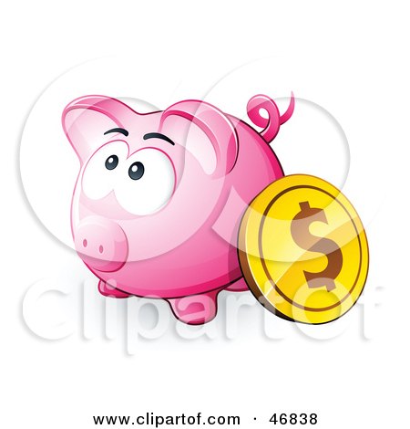 Royalty-Free (RF) Clipart Illustration of a Dollar Coin Resting Against A Pink Piggy Bank by beboy