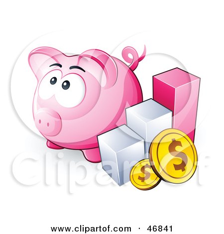 Royalty-Free (RF) Clipart Illustration of a Pink Piggy Bank By A Bar Graph And Coins by beboy