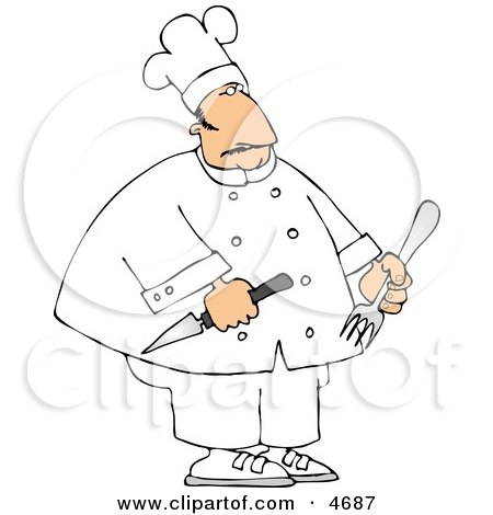 Overweight Male Restaurant Chef Holding a Fork and Knife Clipart by djart