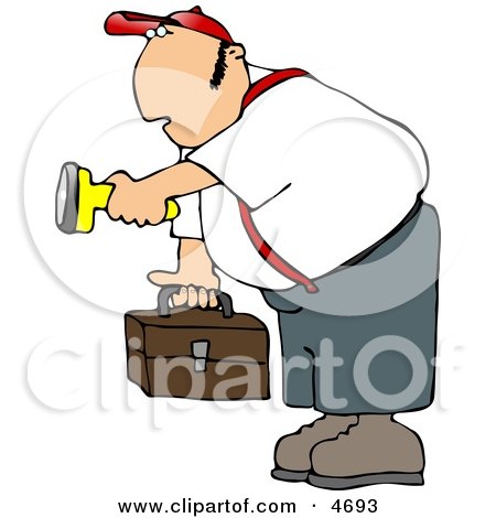 Male Worker Carrying a Toolbox and Pointing a Flashlight in the Dark Clipart by djart