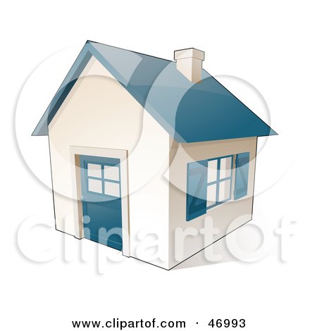 Royalty-Free (RF) Clipart Illustration of a Small White House With Blue Windows, Doors And Roof by beboy