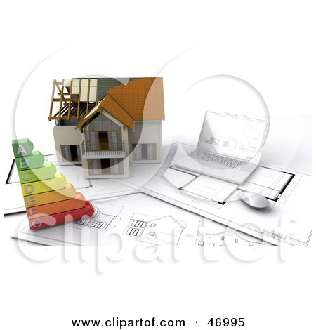 Royalty-Free (RF) Clipart Illustration of a 3d Model Home With Energy Ratings, Blueprints And A Laptop by KJ Pargeter