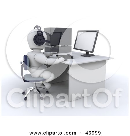 Royalty-Free (RF) Clipart Illustration of a 3d White Character Wearing A Headset And Working Or Gaming On A Computer by KJ Pargeter