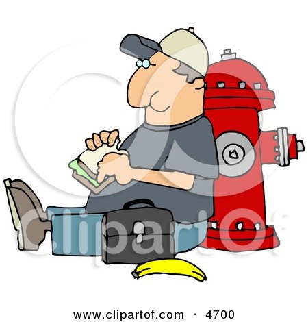 Male Worker Eating His Lunch Outside Against a Fire Extinguisher Posters, Art Prints