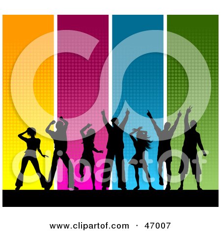 Royalty-Free (RF) Clipart Illustration of a Background Of Black Silhouetted Dancers With Colorful Panels by KJ Pargeter