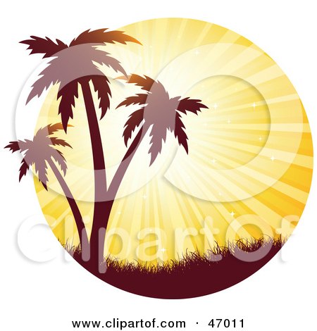 Royalty-Free (RF) Clipart Illustration of a Bright Orange Sunset Burst Silhouetting Tropical Palm Trees by KJ Pargeter