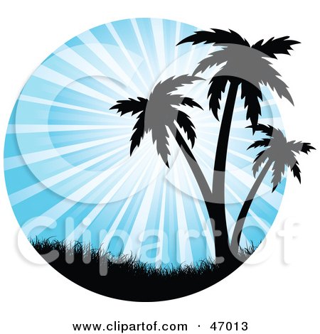 Royalty-Free (RF) Clipart Illustration of a Bright Blue Burst Of Sunlight Silhouetting Tropical Palm Trees by KJ Pargeter