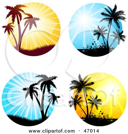 Royalty-Free (RF) Clipart Illustration of a Digital Collage Of Silhouetted Palm Tree Sunsets by KJ Pargeter