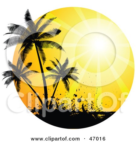 Royalty-Free (RF) Clipart Illustration of an Orange Sun Burst Silhouetting Tropical Palm Trees And Grunge by KJ Pargeter