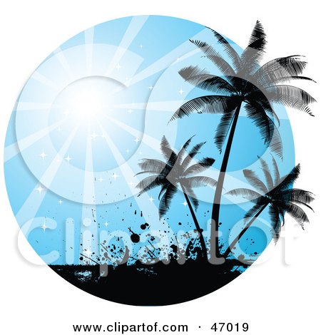 Royalty-Free (RF) Clipart Illustration of a Blue Sun Burst Silhouetting Tropical Palm Trees And Grunge by KJ Pargeter
