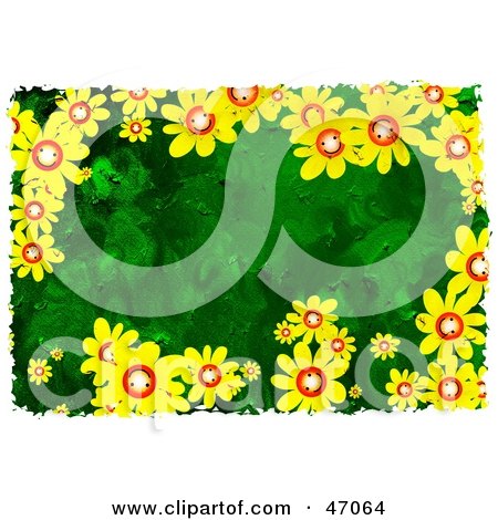 Clipart Illustration of a Green Textured Background With Yellow Happy Daisies by Prawny